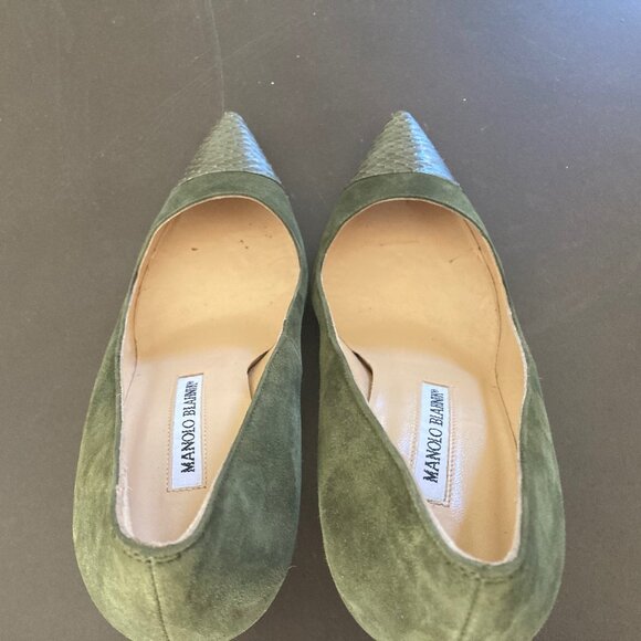 Manolo Blahnik Bipunta Leather Suede Olive Green Pumps Heels IOB EU 37.5 US 7 - Picture 9 of 16